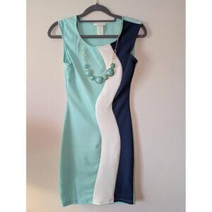 Belinda Dress Womens Small Teal White Color Block Decorative Necklace Retro